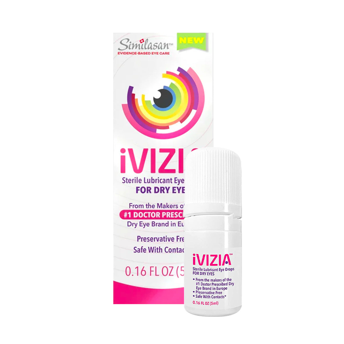 The packaging of Theas iVIZIA Sterile Lubricant Eye Drops features a vibrant eye logo, emphasizing long-lasting hydration for dry eyes. It highlights being preservative-free and contact lens friendly, making it an excellent choice for relief.