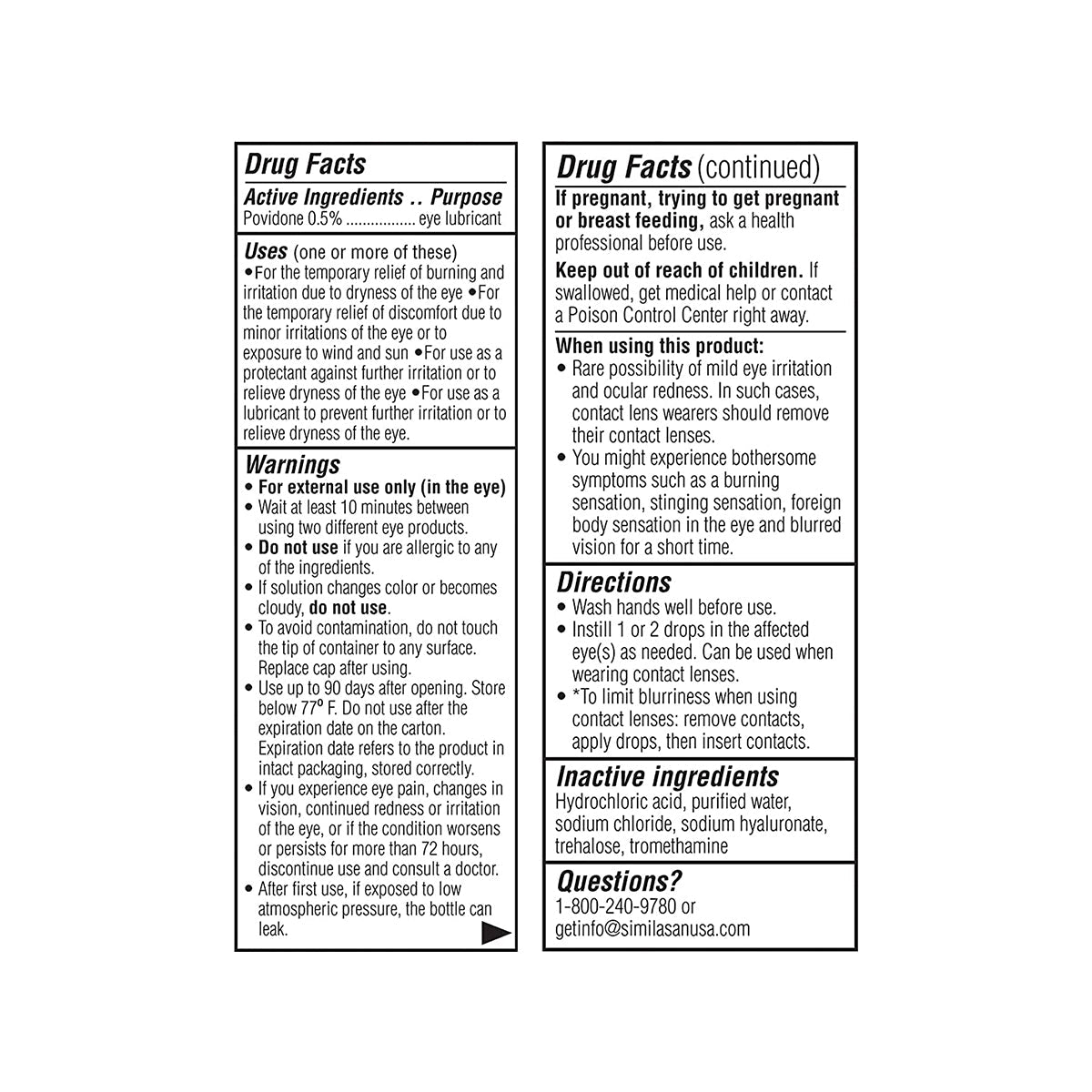 The iVIZIA Sterile Lubricant Eye Drops label details ingredients, purpose, uses, and warnings. It offers long-lasting hydration and is preservative-free with precautions for pregnant or breastfeeding users. Manufacturer Thea provides contact info for inquiries. Suitable for contact lens wearers.