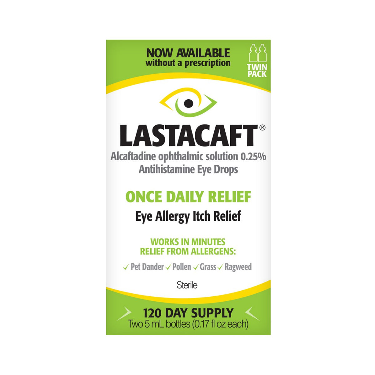 Box of Lastacaft Once Daily Eye Allergy Itch Relief Drops by Abbvie, a fast-acting antihistamine for eye allergy relief. Suitable for daily use to alleviate itch from allergens like pet dander and pollen, in a twin pack (2x5mL) with a 120-day supply. Features bold text on green and white packaging.