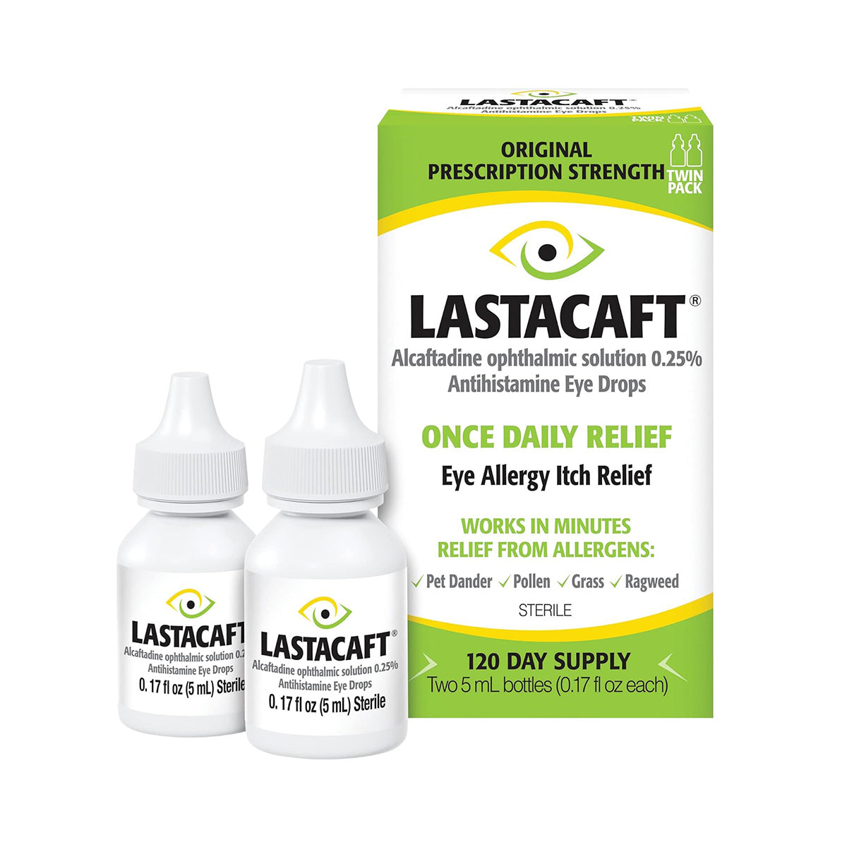 Image of two bottles of Abbvies Lastacaft Once Daily Eye Allergy Itch Relief Drops (Twin Pack, 2x5mL 120-Day Bottle) with packaging that claims original prescription strength, providing fast-acting antihistamine relief against allergens like pet dander and pollen.