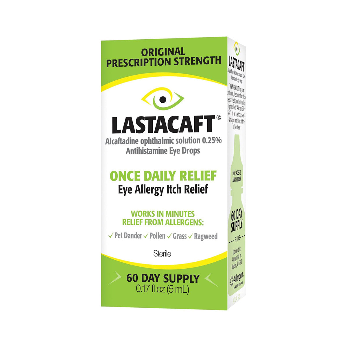 The Abbvie Lastacaft Once Daily Eye Allergy Itch Relief Drops (5mL 60 Day Bottle) provide original prescription strength for daily relief from eye allergy itch, using fast-acting ingredients to ease discomfort caused by allergens like pet dander and pollen.