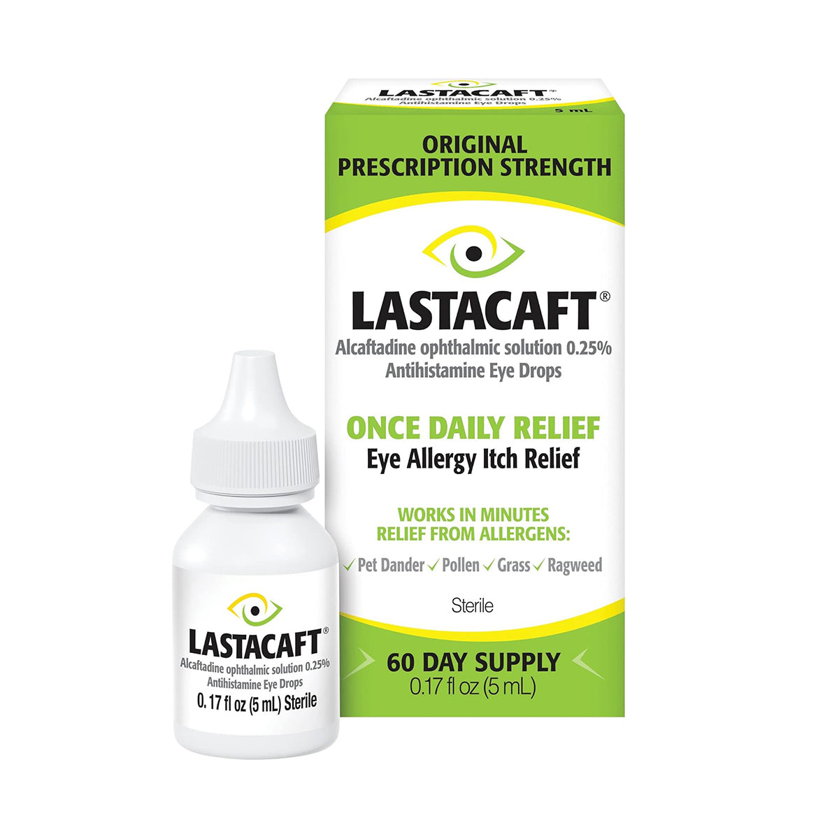 Image of a box and bottle of Abbvies Lastacaft Once Daily Eye Allergy Itch Relief Drops (5mL 60 Day Bottle), highlighting its fast-acting, long-lasting antihistamine formula for relieving itch caused by allergens like pet dander and pollen.