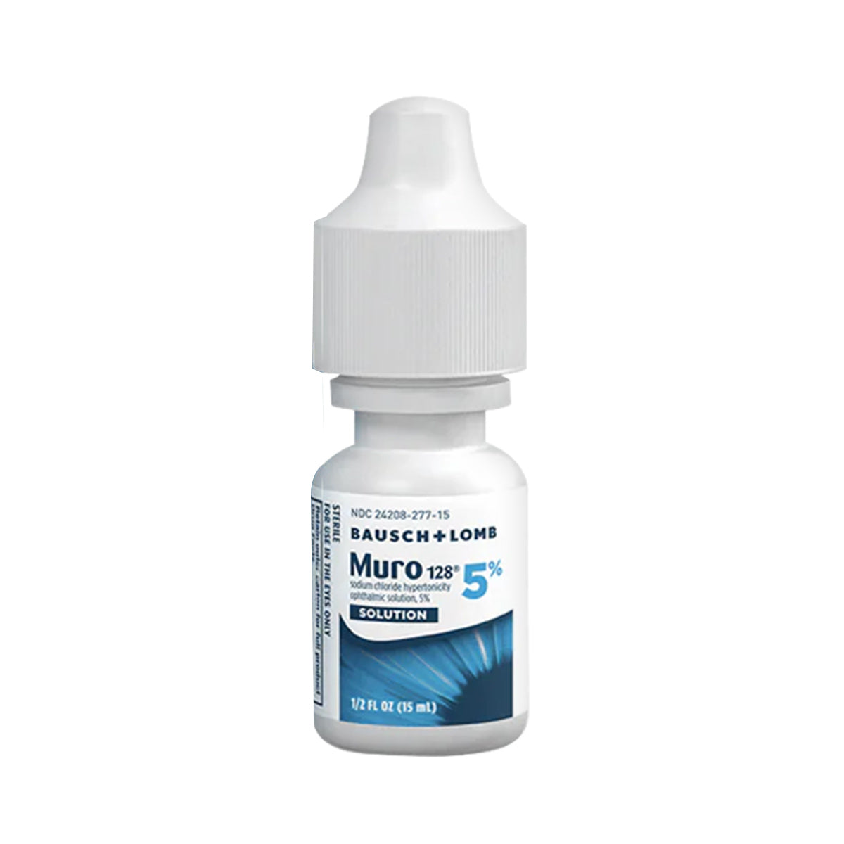 The Bausch + Lomb Muro 128 Eye Drops, a 5% saline solution in a 0.5 fl oz plastic bottle, is ideal for corneal edema relief. It has a white and blue label showing sodium chloride content, a tapered nozzle, and screw-on cap.