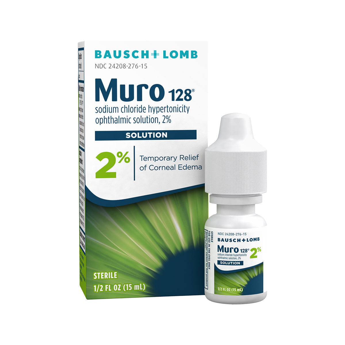 Image of Muro 128 Eye Drops by Bausch + Lomb: The box stands behind a small white dropper bottle labeled 2% sodium chloride hypertonicity ophthalmic solution for temporary relief of corneal edema, containing 0.5 fl oz (15 mL).