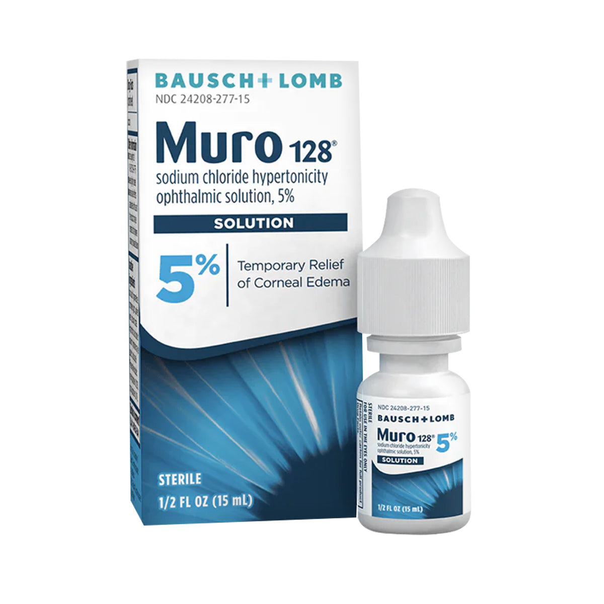 Image of Bausch + Lombs Muro 128 eye drops, a 5% saline solution offering temporary relief for corneal edema. The 0.5 fl oz packaging features a white and blue design with a white-capped bottle.