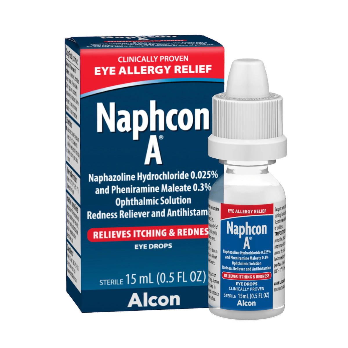 Image of Naphcon A Redness Reliever Eye Drops (15mL) by Alcon. The packaging promises clinically proven relief for eye allergies and dryness with naphazoline hydrochloride and pheniramine maleate. Both the box and dropper feature a blue, white, and red design plus a $3 coupon.