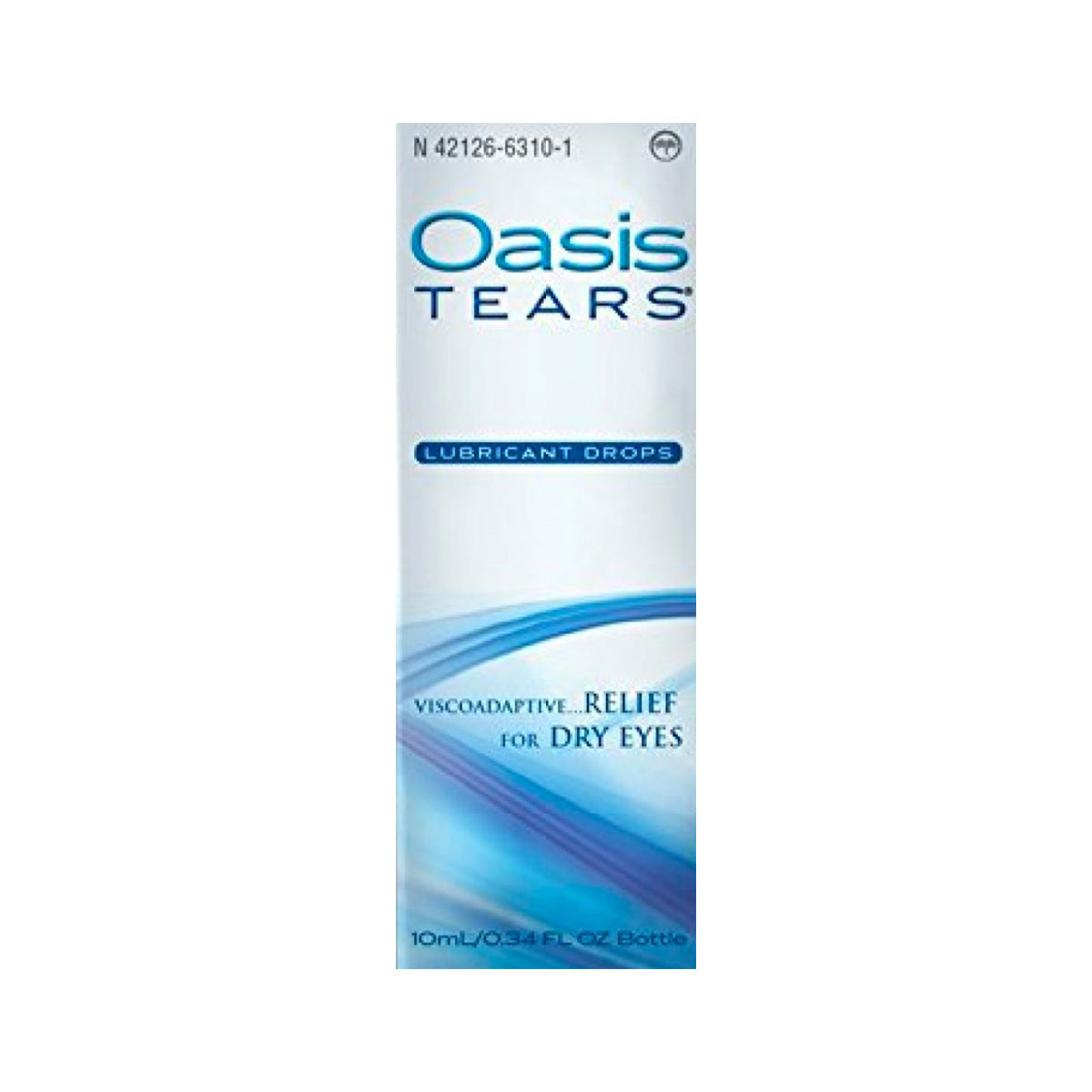 The image shows a box of Oasis Tears Multidose lubricant eye drops by Oasis Medical. The white and blue packaging features viscoadaptive instant relief for dry eyes and contains 10mL (0.34 fl oz).