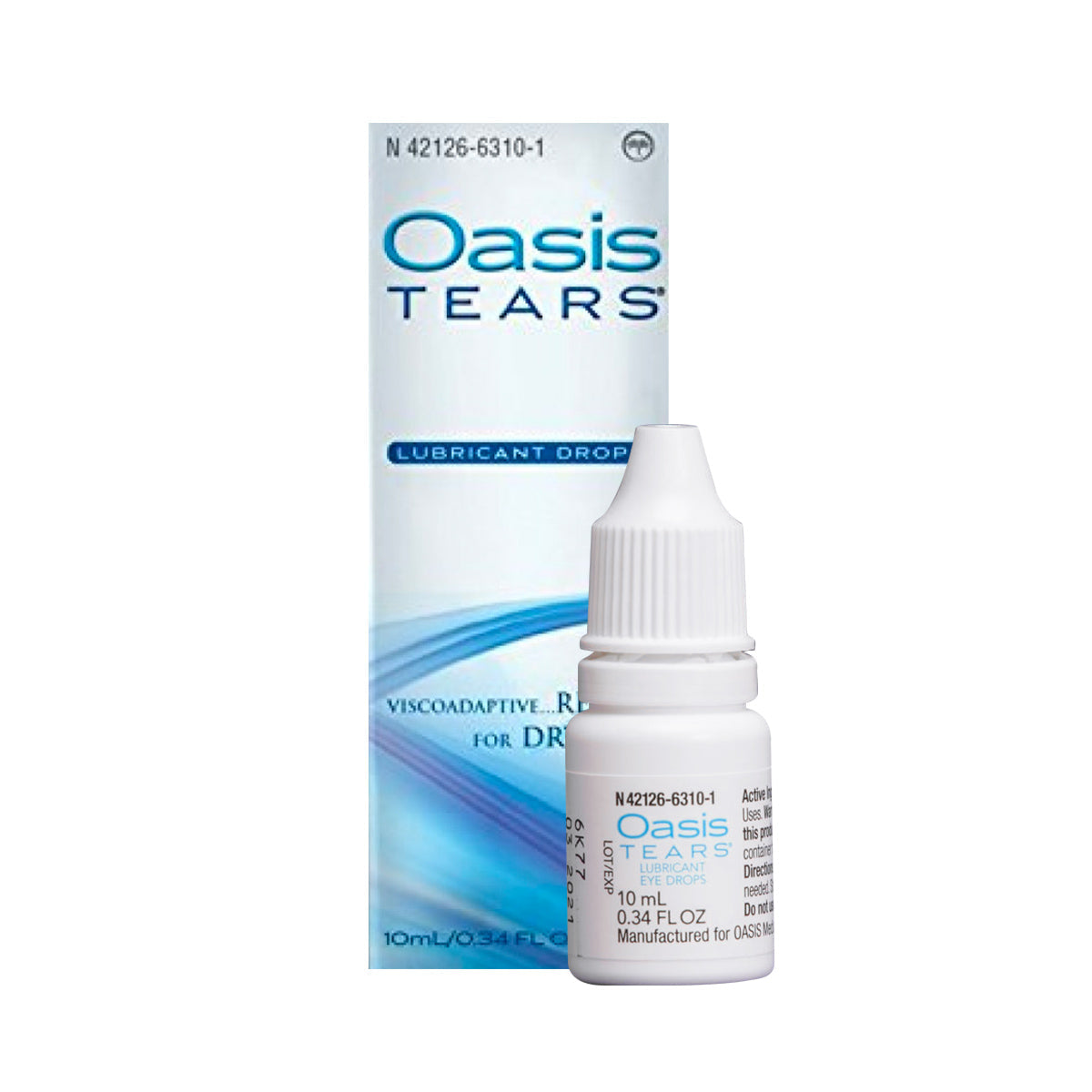 A small white plastic bottle of Oasis Tears Multidose, 10 mL lubricant eye drops by Oasis Medical, is in front of its box. The bottle has blue and teal text, promising instant dry eye relief.