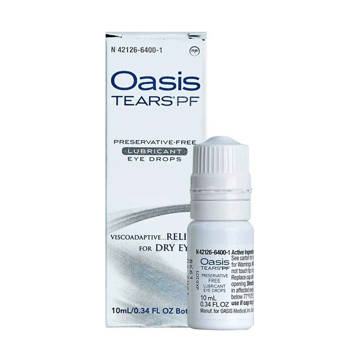 A 10mL bottle of Oasis Tears Preservative-Free Eye Drops by Oasis Medical, featuring glycerin-based lubrication, sits beside its box. The mostly white packaging, accented with blue and silver tones, highlights the preservative-free formula for dry eye relief.