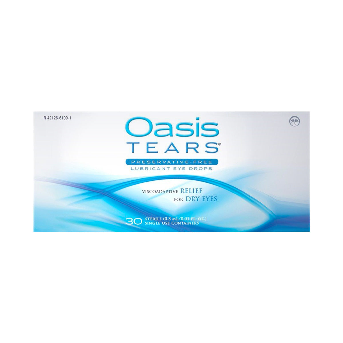 The Oasis Medicals Oasis Tears Preservative-Free Eye Drops Mild-Moderate (30ct. Vials) feature Viscoadaptive Relief for Dry Eyes with Sodium Hyaluronate and come in blue and white packaging with detailed product information.