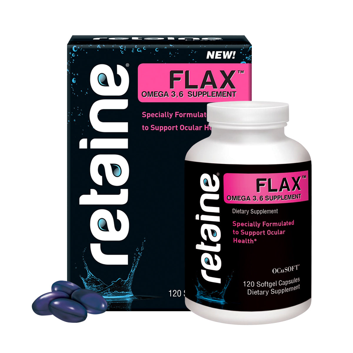 Image of OCuSOFTs Retaine Flax Omega Eye Supplement packaging: A black box with pink text highlighting plant-based omega-3 for eye health, alongside a white-labeled bottle. Three dark blue softgel capsules are in the foreground.