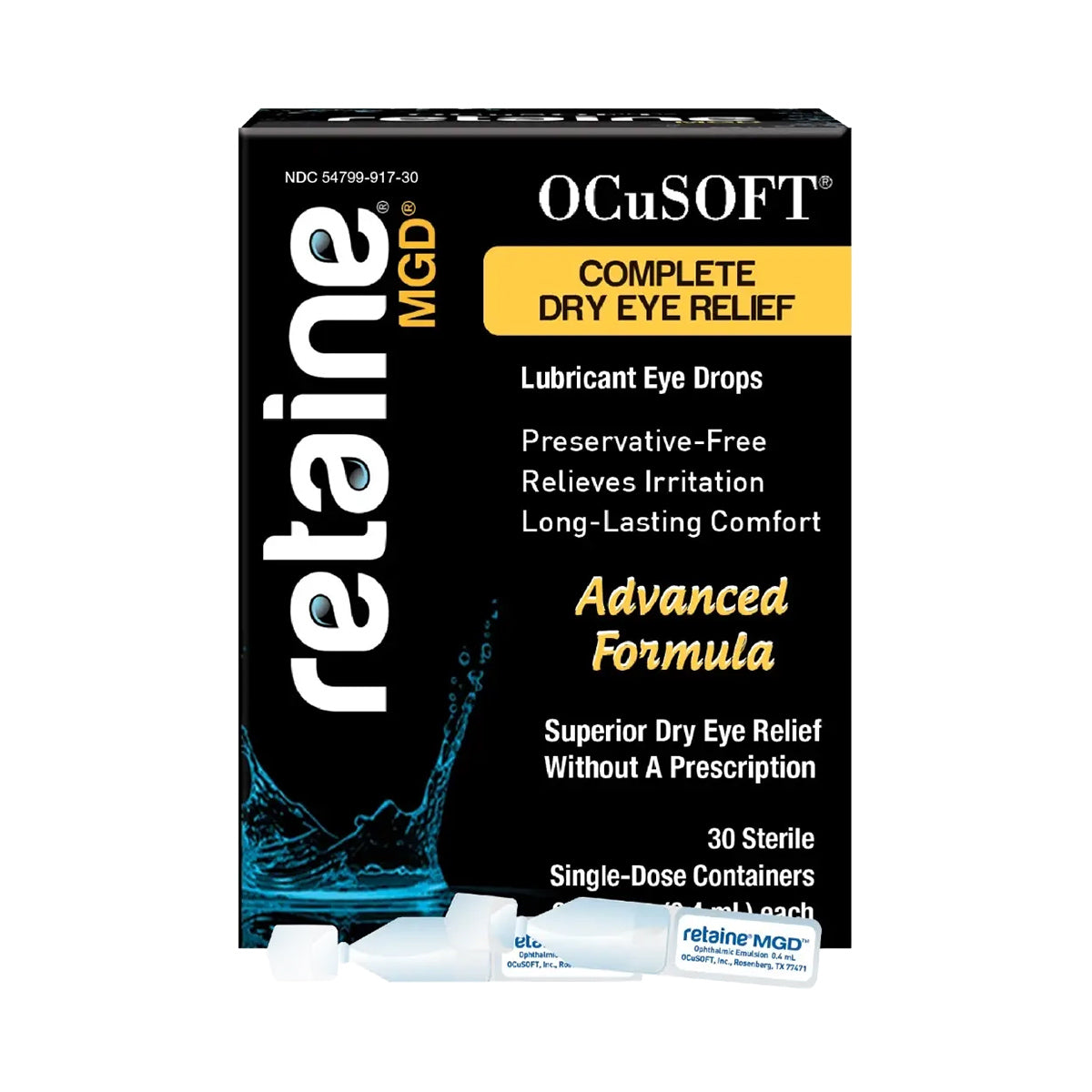 Image of a box of Ocusoft Retaine MGD Eye Drops by OCuSOFT. The preservative-free packaging highlights Relieves Irritation and Advanced Formula, containing 30 sterile, single-dose containers for effective eye lubrication.