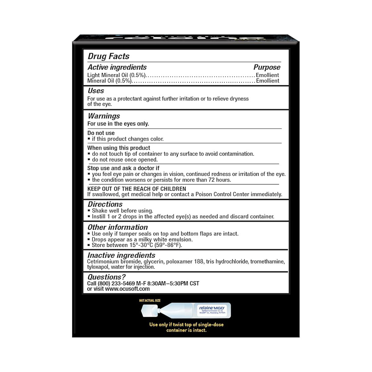 The image displays the back of an Ocusoft Retaine MGD Eye Drops package with active ingredients, uses, warnings, directions for these preservative-free drops, consumer contact info, and a recycling symbol in the bottom right.