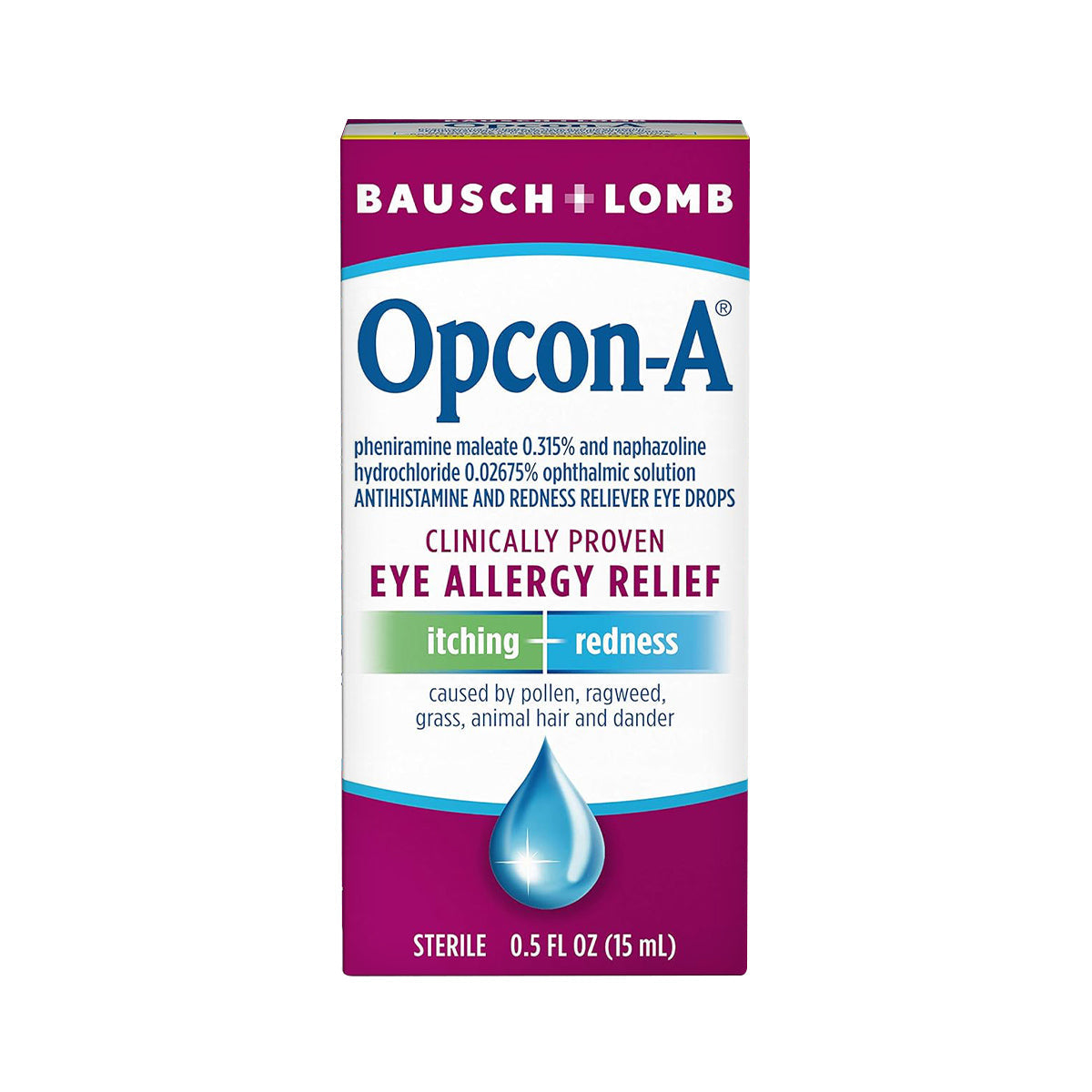 Image of Bausch & Lomb Opcon-A Eye Drops for Allergy Relief (15mL) box, highlighting its clinically proven effectiveness against eye allergies, itching, and redness caused by pollen, ragweed, grass, pet hair, and dander. Contains 0.5 fl oz (15 mL).