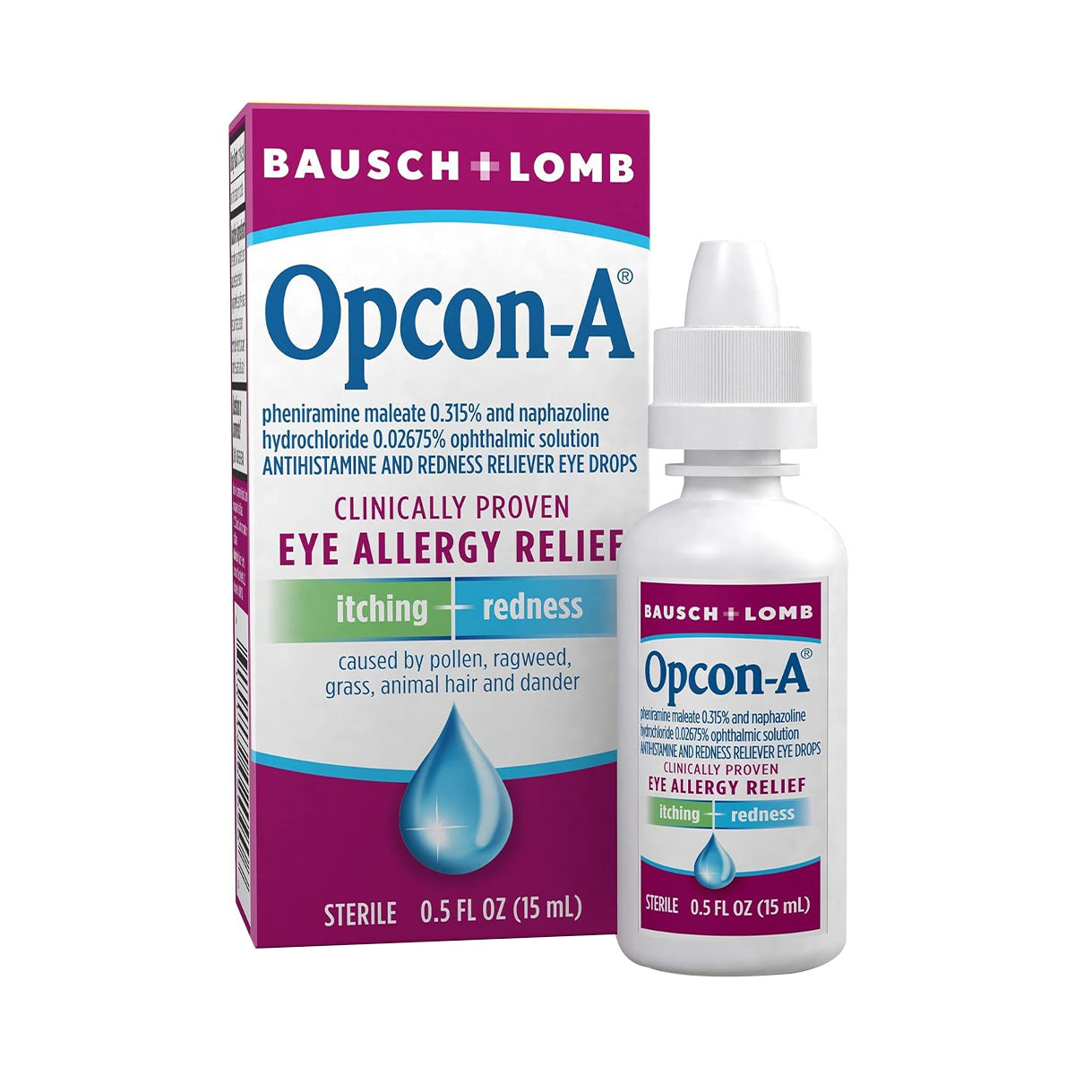 The image shows a box and bottle of Bausch & Lomb Opcon-A Eye Drops for Allergy Relief (15mL), emphasizing its effectiveness in relieving eye itching and redness. The 15mL bottle stands prominently, highlighting its role as an allergy relief solution.