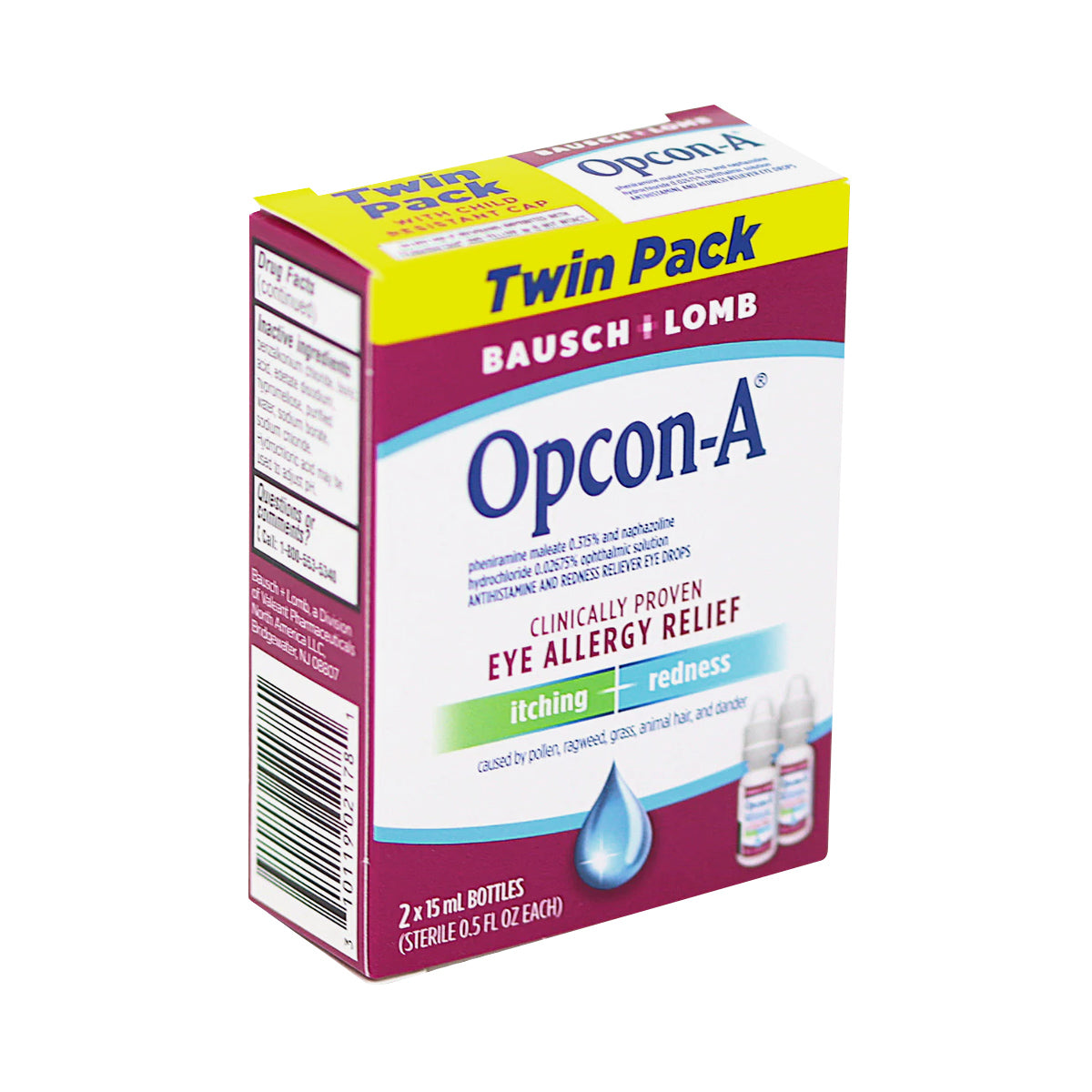 Bausch + Lombs Opcon-A Allergy Relief Eye Drops Twin Pack offers effective itch and redness relief with two 15ml bottles.