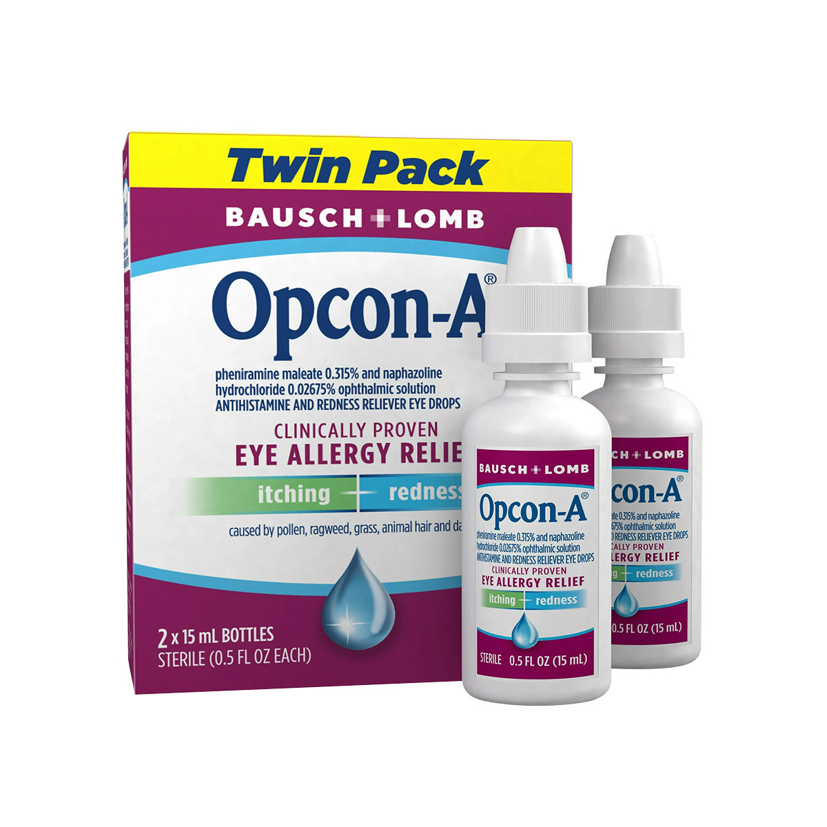 Image of Bausch + Lombs Opcon-A Allergy Relief Eye Drops Twin Pack, featuring two 15ml bottles. Effective against itching and redness caused by pollen, ragweed, grass, animal hair, and dander; a reliable solution for allergy relief.