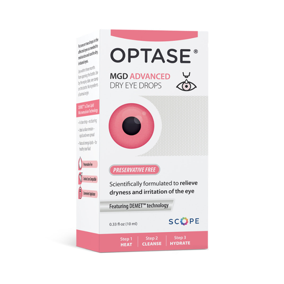 Optase MGD Advanced Eye Drops come in a white box with pink and blue design, featuring Preservative Free and DEMET technology. Designed for Meibomian Gland Dysfunction, the usage steps include Heating, Cleansing, and Hydrating. Contains 0.33 fl oz (10 ml) per bottle for a 2-month supply (300 drops).