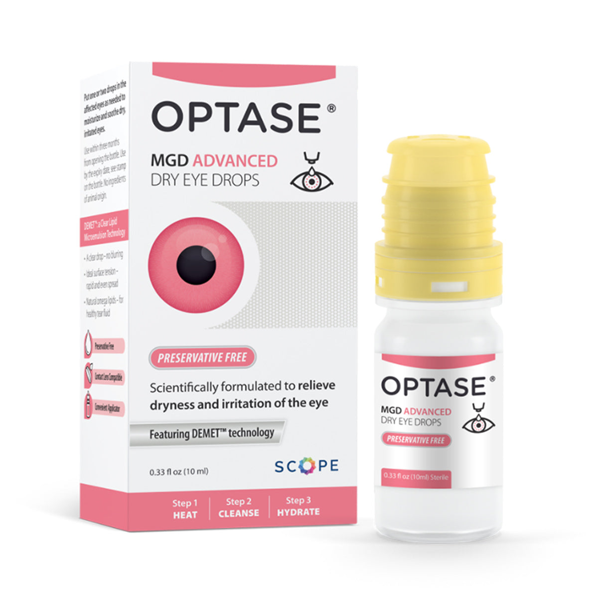 The packaging of Optase MGD Advanced Eye Drops features a white box with an illustrated eye, pink circles, and text highlighting its preservative-free, lipid-based formula targeting Meibomian Gland Dysfunction with DEMET technology. The bottle has a yellow cap.