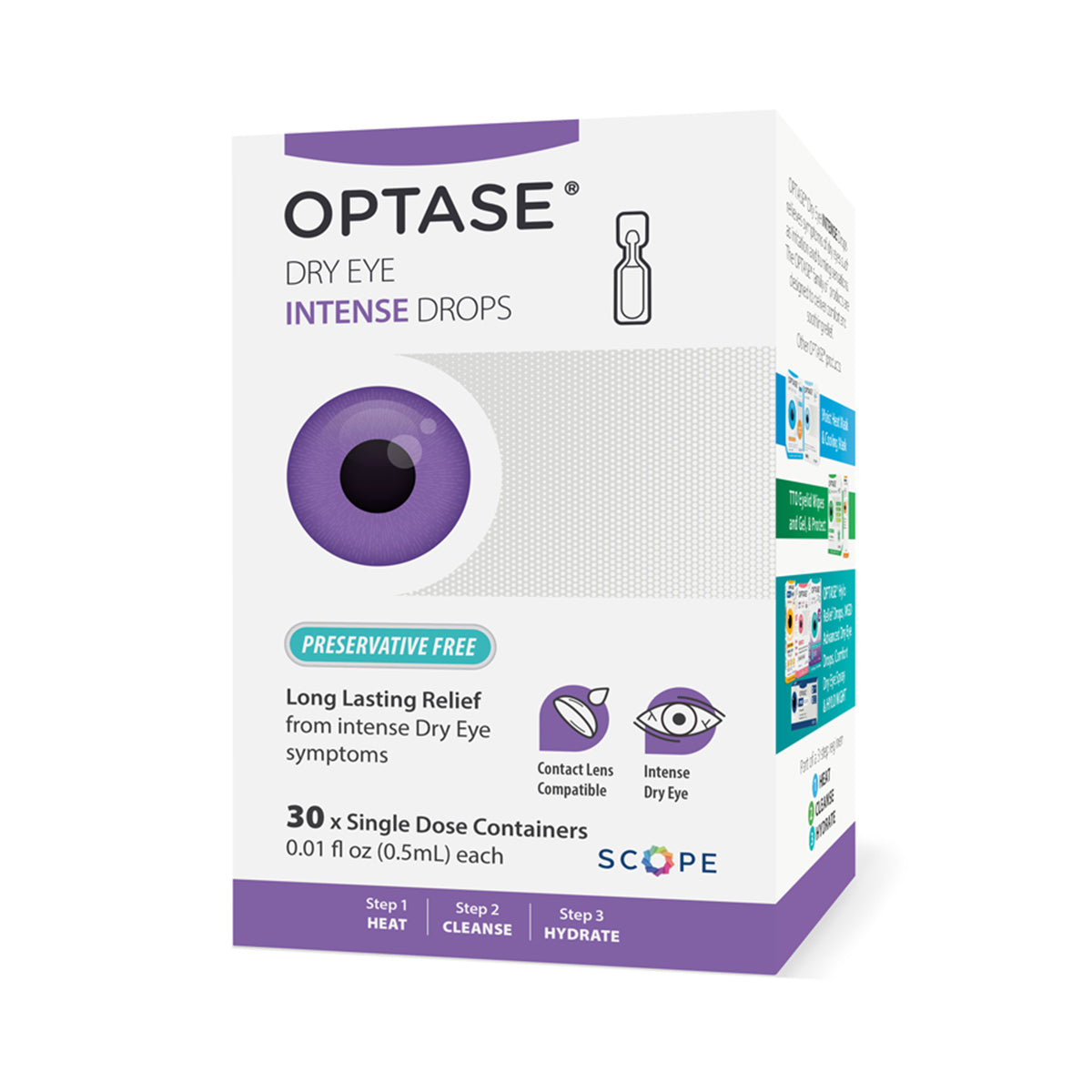 The image shows a box of OPTASE Intense Eye Drops Single Dose Units, featuring white packaging with purple accents and a purple eye graphic. These preservative-free drops provide glycerin-based hydration, ideal for contact lens users. The package contains 30 vials.