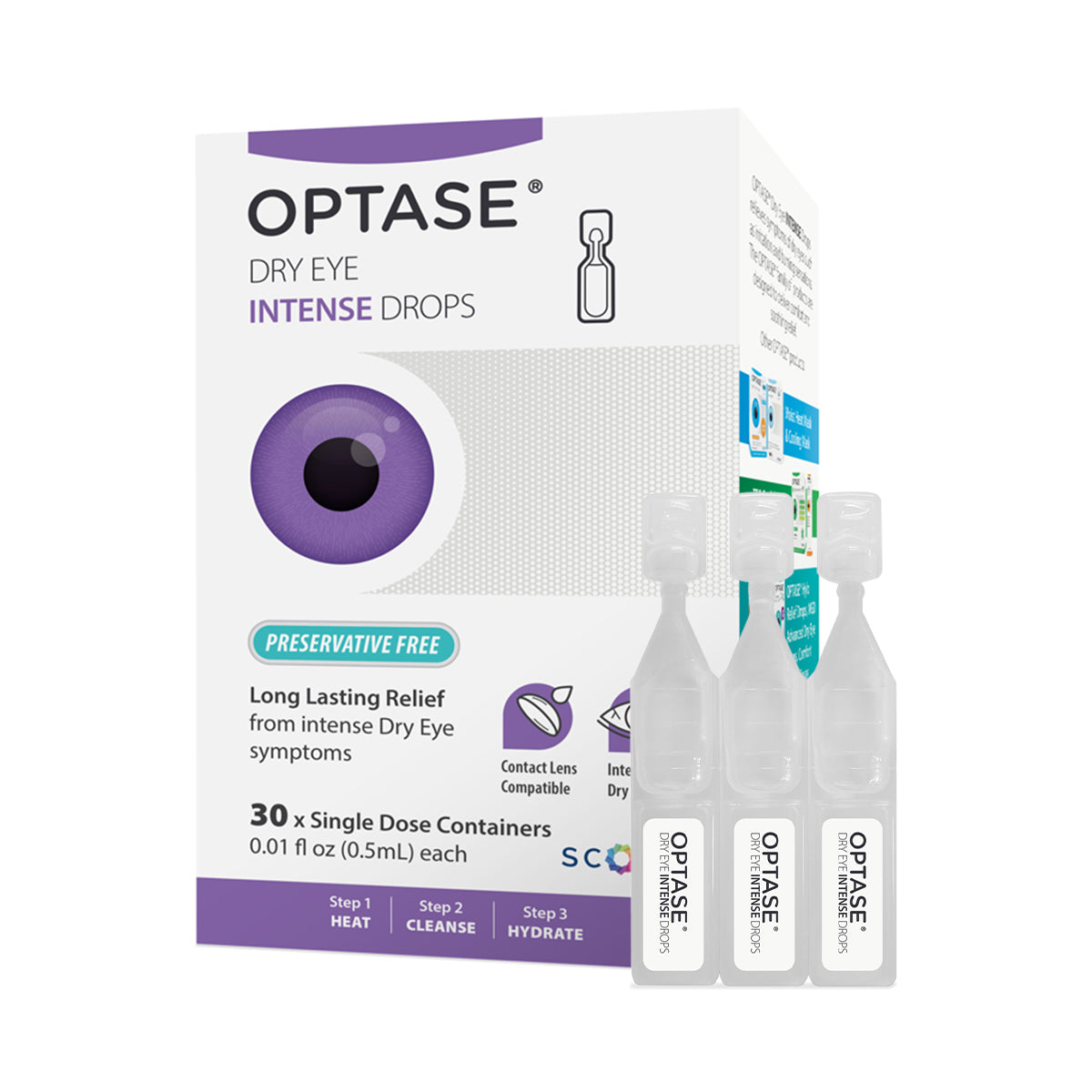 OPTASE Intense Eye Drops Single Dose Units feature packaging with an eye illustration, highlighting Preservative Free and glycerin-based hydration for lens wearers. Includes 30 vials from Optase, with three single-dose containers displayed in front.