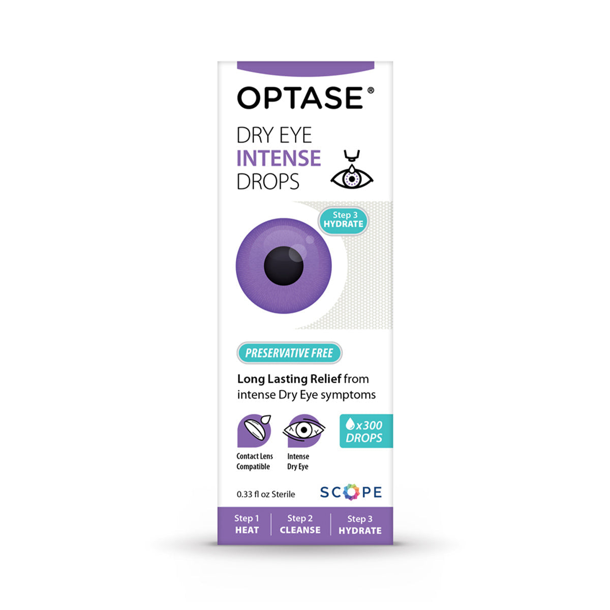 The Optase Intense Preservative Free Eye Drops (10mL) packaging includes a white box with a purple eye graphic, emphasizing the glycerin-based, preservative-free formula for long-lasting relief. Usage involves three steps: Heat, Cleanse, Hydrate.