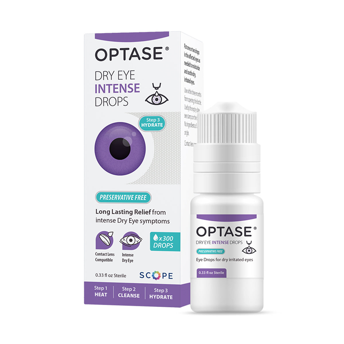 Optase Intense Preservative Free Eye Drops (10mL) feature purple-accented packaging with an eye illustration, emphasizing their glycerin-based, preservative-free formula. They promise long-lasting relief and provide clear usage instructions for effective dry eye relief.