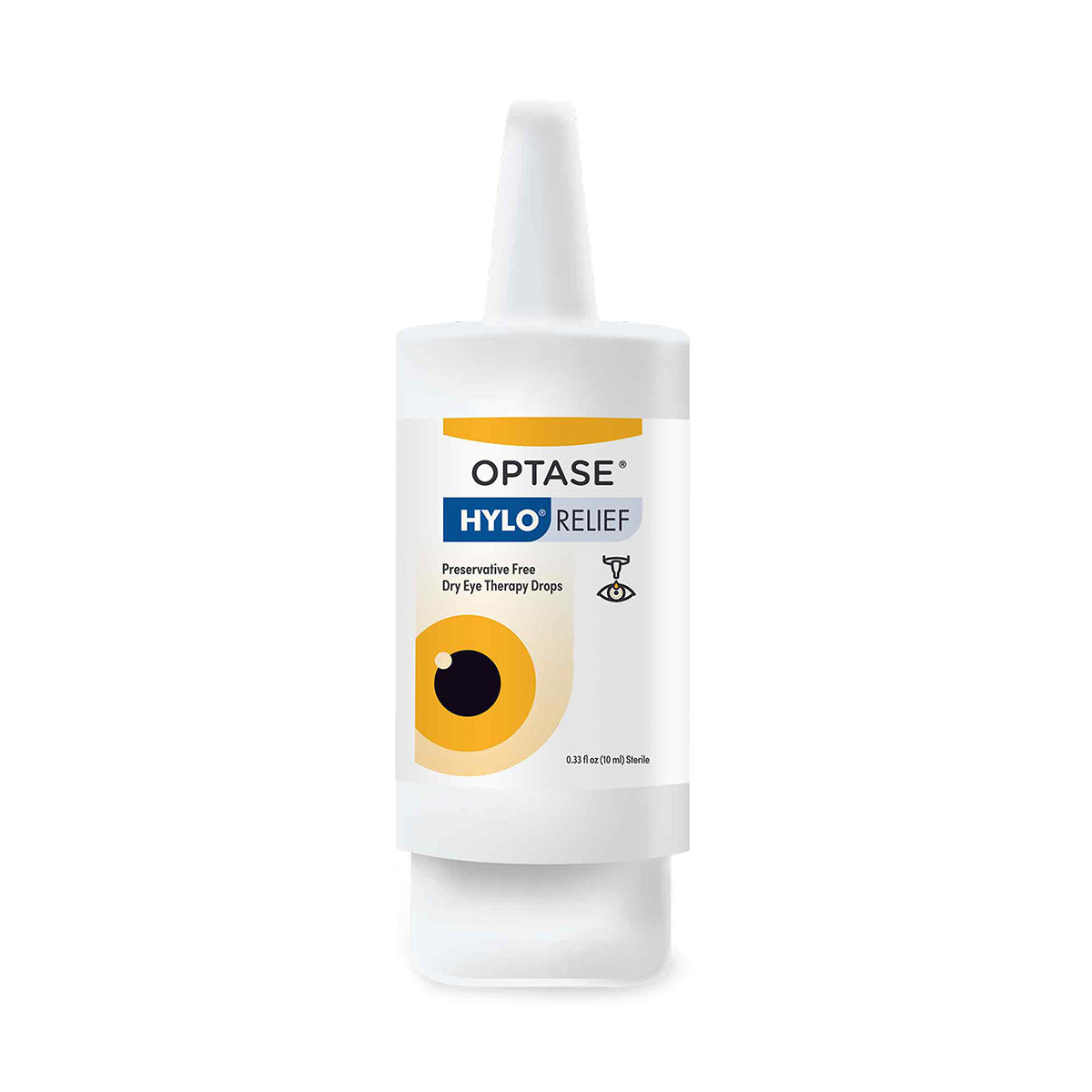 The Optase Hylo Relief Preservative-Free Eye Drops bottle features a yellow design with an eye icon, emphasizing its preservative-free formula for dry eye therapy. It has a pointed white nozzle for easy application.