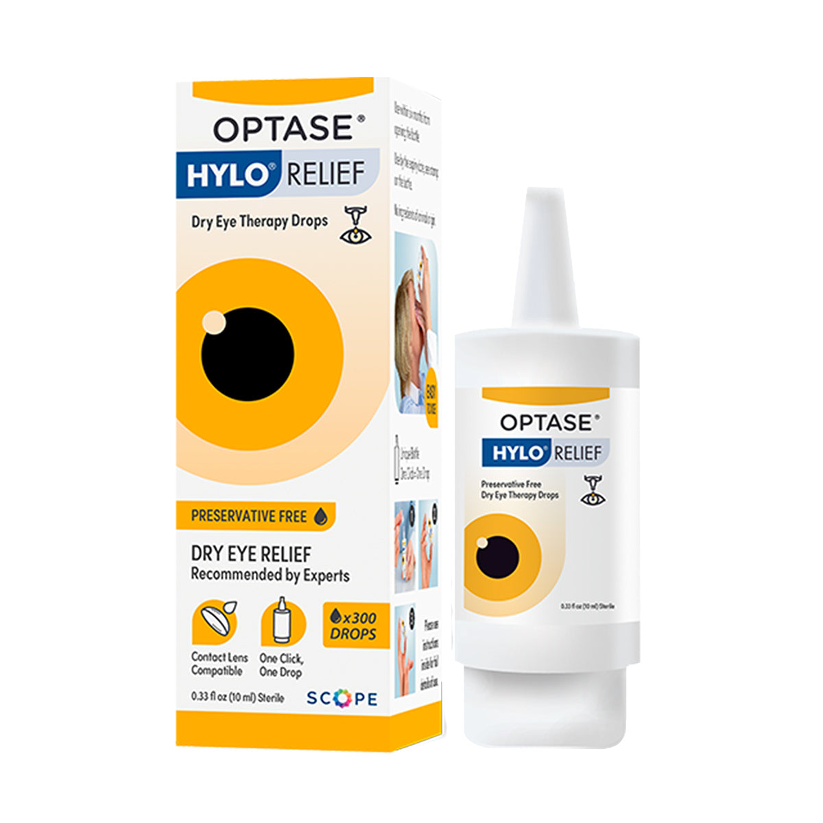 The image shows Optase Hylo Relief Preservative-Free Eye Drops (300 Drops) in a box and bottle. The white packaging with orange and black accents emphasizes its preservative-free formula, ideal for addressing dry eye disease, with the bottle design matching the box.