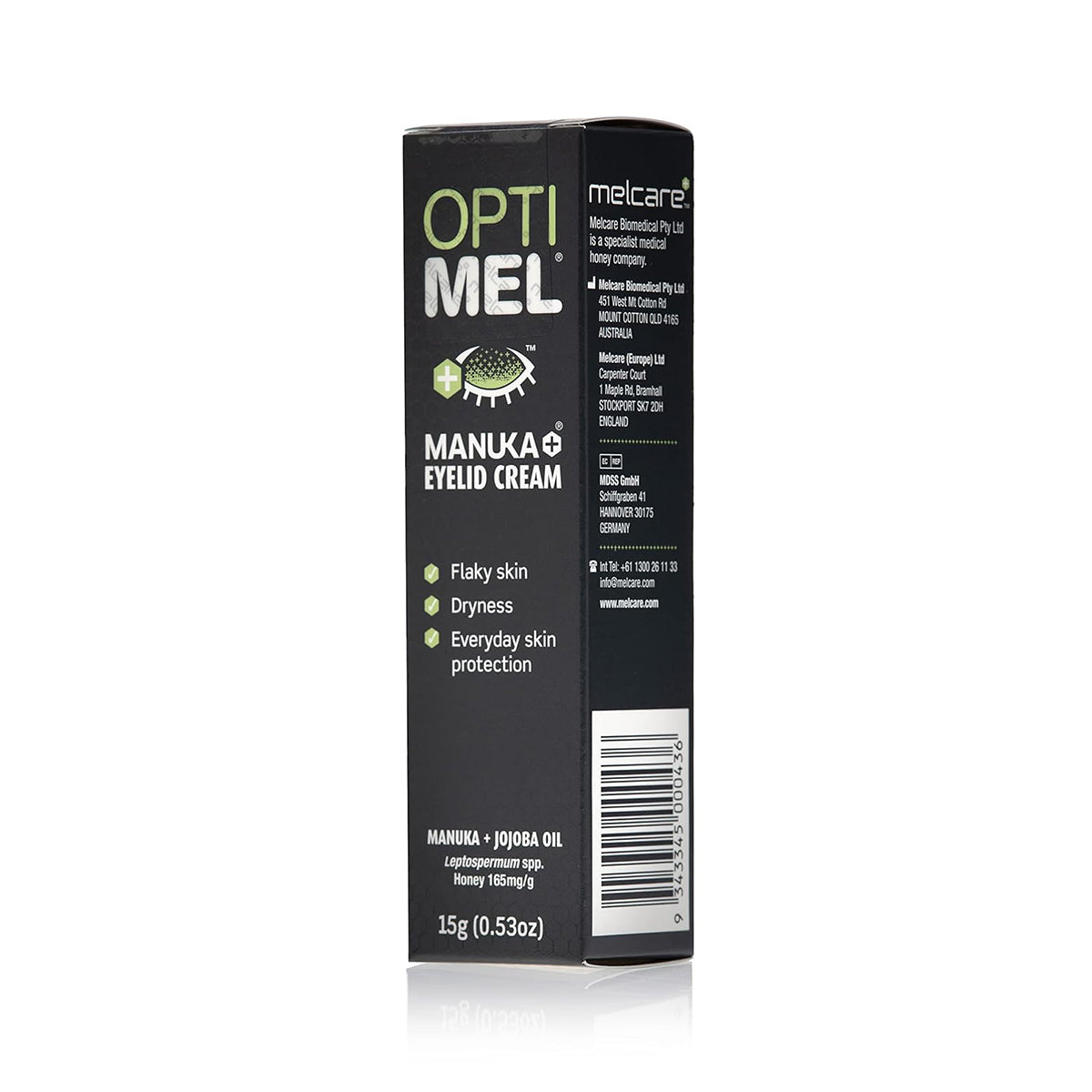 The Melcare Optimel Manuka Eyelid Cream (15g tube) features a black box with green and white text, highlighting its benefits for sensitive skin, addressing flaky dryness, and offering everyday protection. Its infused with Manuka honey and jojoba oil.