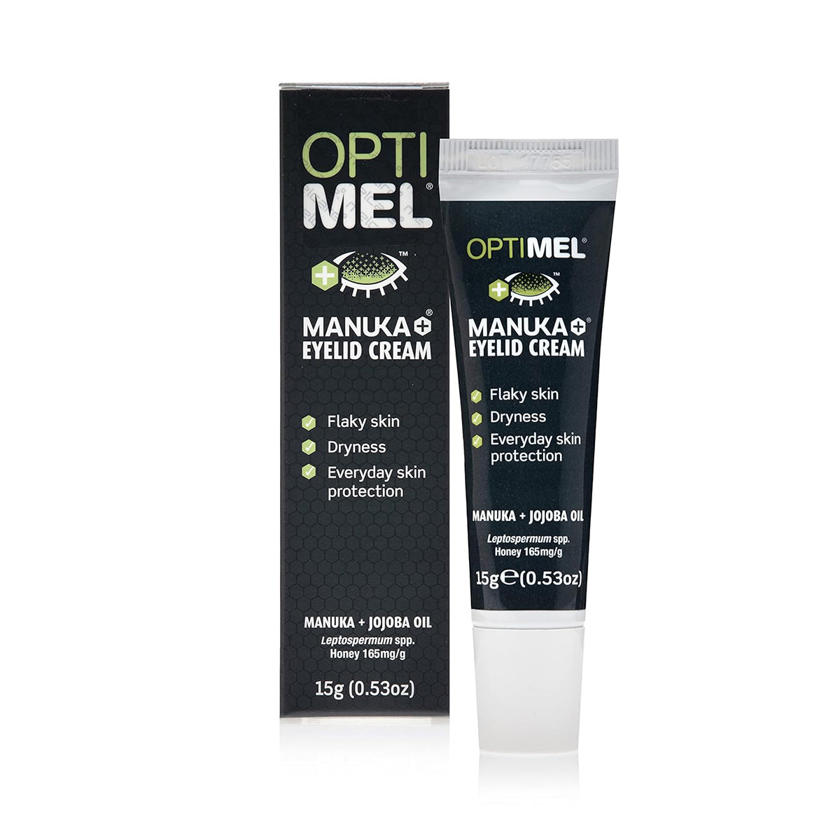 The sleek black and green packaging of Melcares Optimel Manuka Eyelid Cream (15g tube) stands out, emphasizing its benefits: combating flaky skin, dryness, and providing everyday protection for sensitive skin. It contains 15mg/g of soothing Manuka honey with added Jojoba Oil.