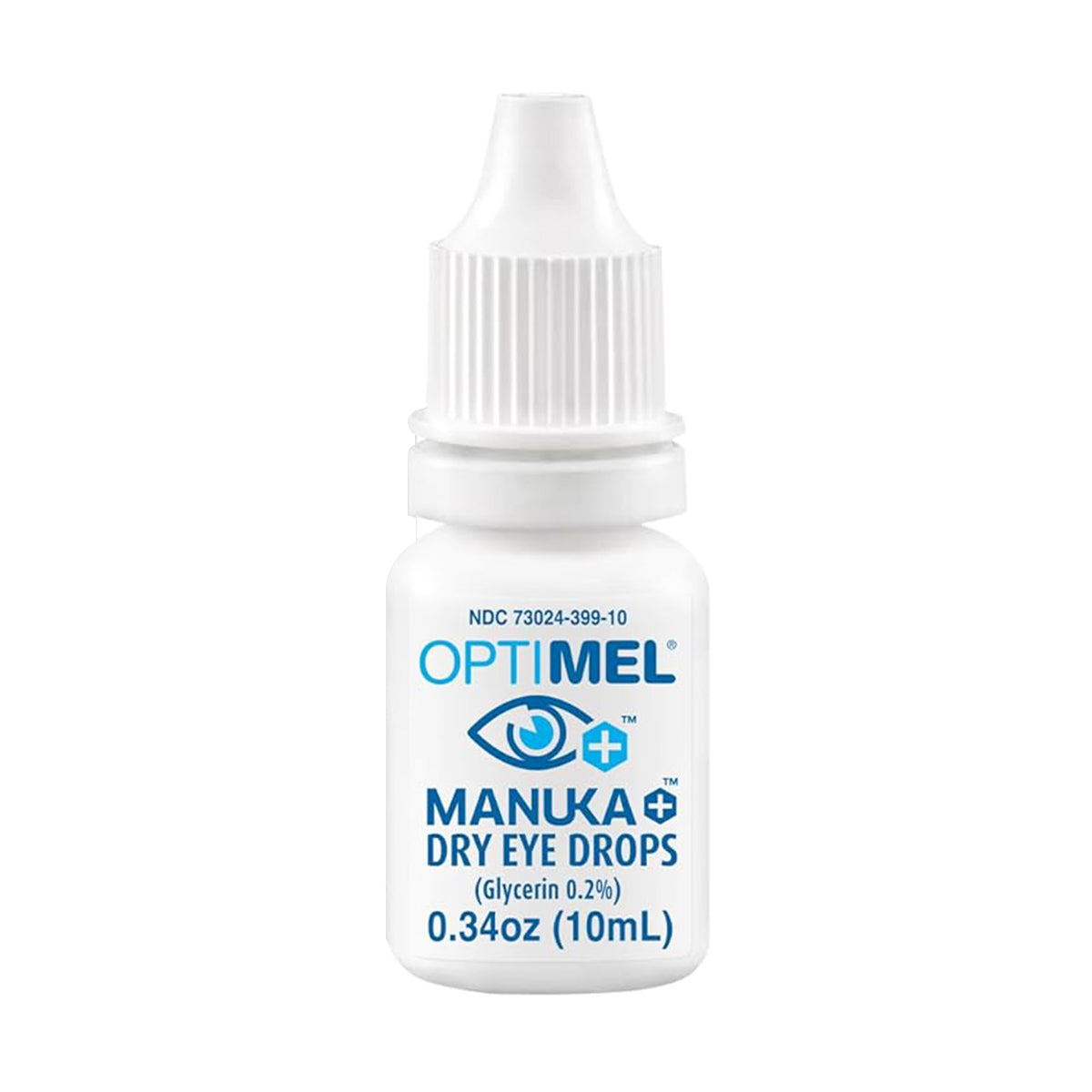 Melcares Optimel Manuka Eye Drops 0.2% (10mL bottle) provides relief from eye discomfort, eyelid irritation, and meibomian gland dysfunction. Enhanced with Manuka honey goodness, the packaging has a white background.