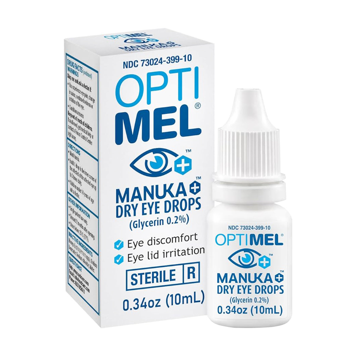 The image features the Melcare Optimel Manuka Eye Drops (0.2%, 0.34 oz) label on a blue geometric background, detailing warnings, directions for dry eye relief use, single patient use info, storage instructions, and inactive ingredients like honey and gum arabic to aid meibomian gland dysfunction.