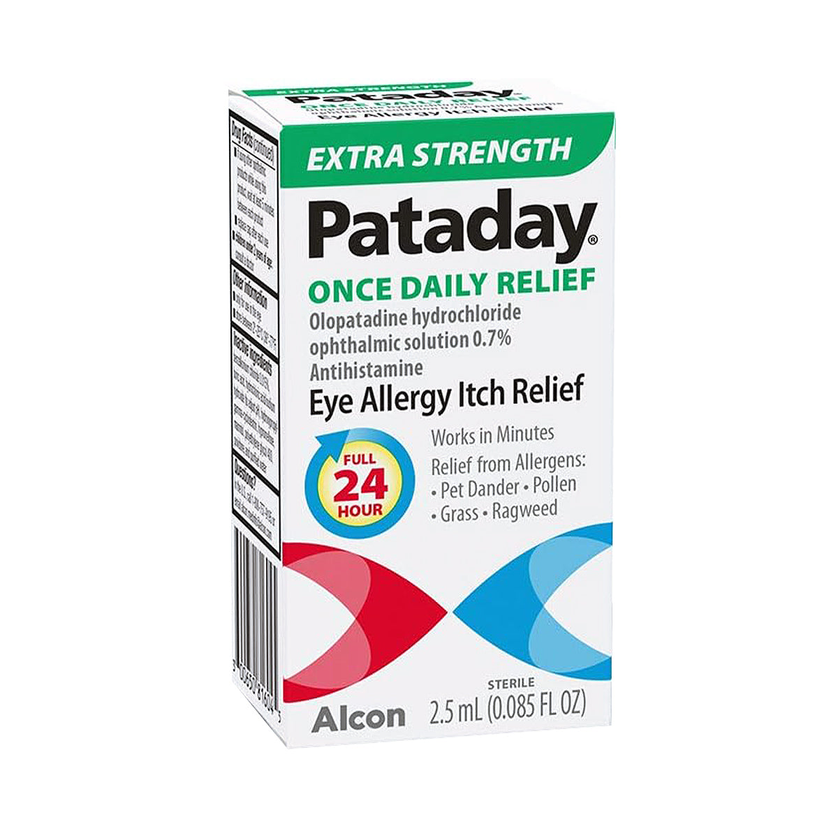 Image of a Pataday Extra Strength box by Alcon showcasing nonprescription eye drops with olopatadine hydrochloride ophthalmic solution 0.7%, promising ONCE DAILY RELIEF for pollen, ragweed, pet dander, and grass allergies in a 2.5 mL bottle offering full 24-hour relief.