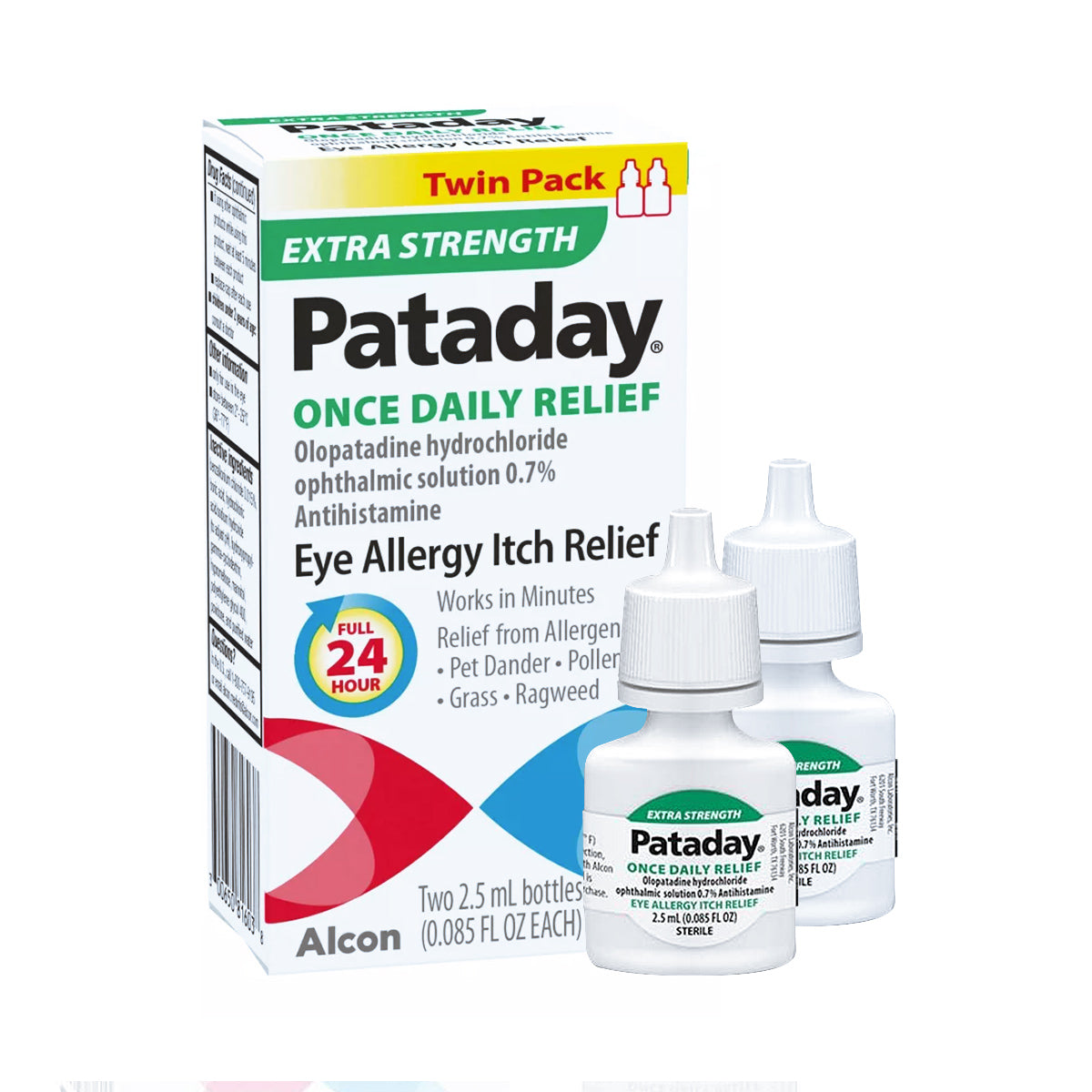 Image of Alcons Pataday Once Daily Relief Extra Strength twin pack. The packaging emphasizes Once Daily 24-Hour Relief with 0.7% Olopatadine hydrochloride, providing eye allergy relief from pollen, pet dander, grass, and ragweed with two 2.5 ml bottles.