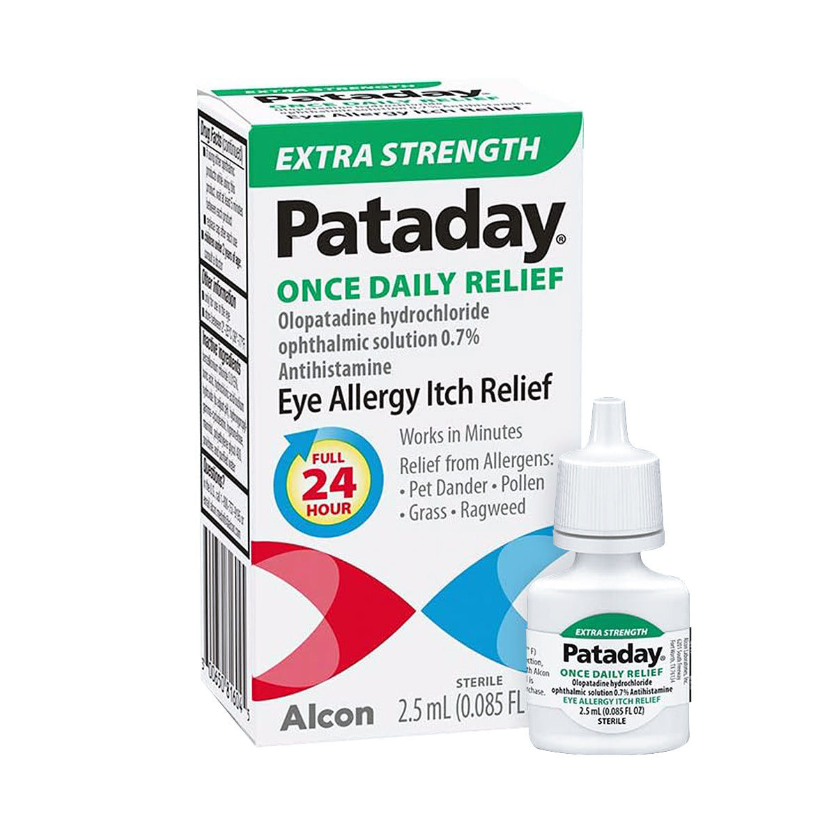 The Alcon Pataday Extra Strength 2.5 mL bottle is a nonprescription eye drop offering 24-hour relief with the promise of Once Daily Relief, effectively tackling eye allergy itch from allergens such as pollen and grass.