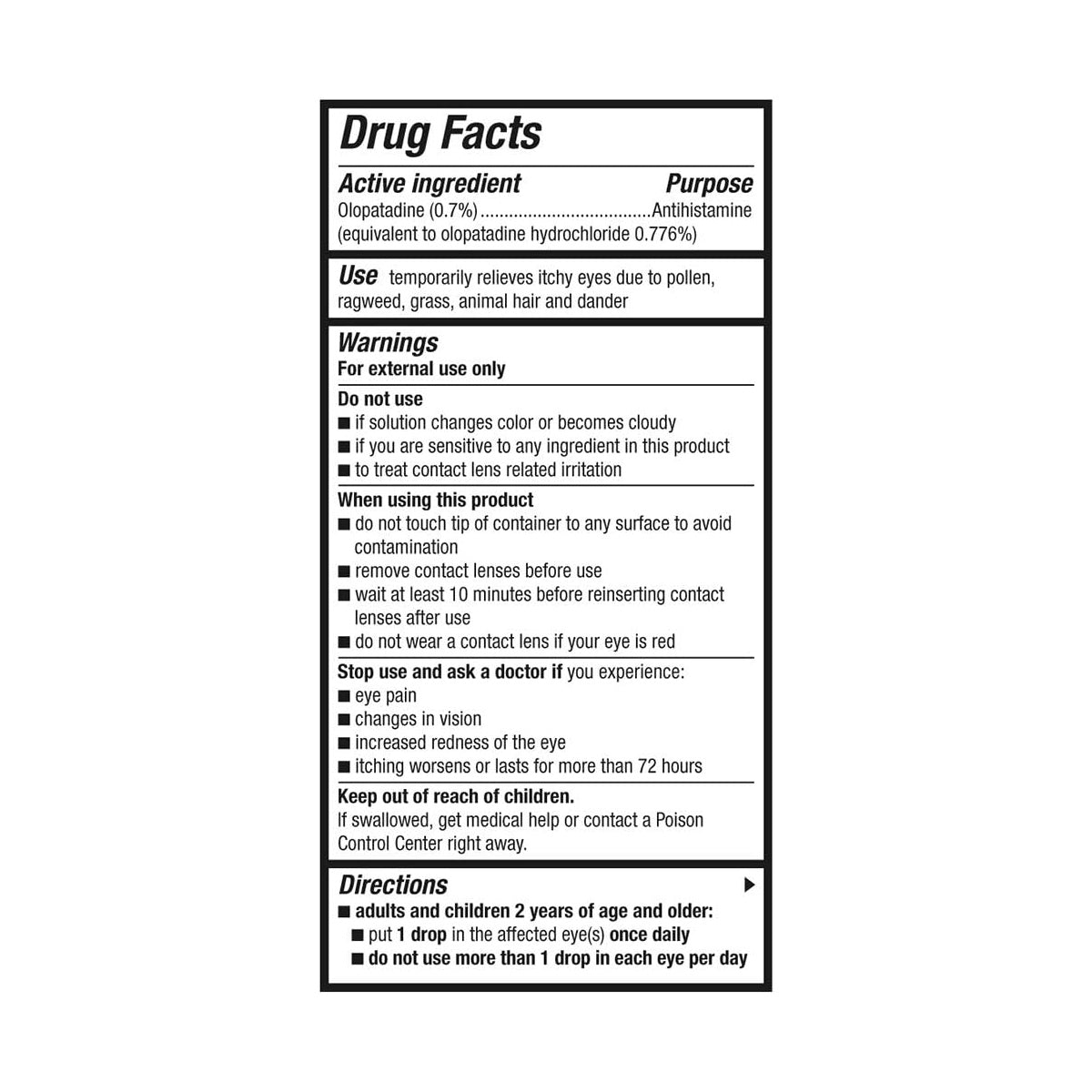 Label for Alcons Pataday Once Daily Relief Extra Strength, featuring Olopatadine (0.7%), includes warnings, 24-hour relief directions, and advice to seek medical help for severe side effects. Suitable for ages 2+, it comes in a twin pack of two 2.5ml bottles.