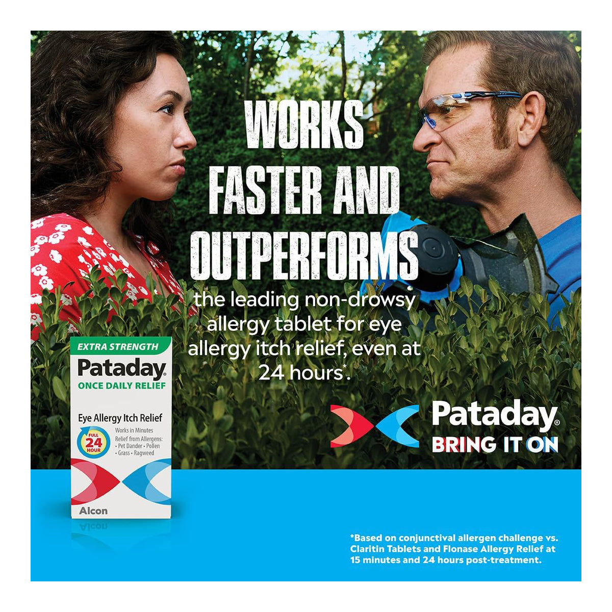 Image of a woman sneezing near bushes and a man with goggles examining plants. Text reads, Outperforms leading non-drowsy allergy tablets for 24-hour eye itch relief. Features Alcons Pataday Once Daily Relief Extra Strength (2.5ml, 2 Bottles Twin Pack) nonprescription eye drops for effective allergy relief.