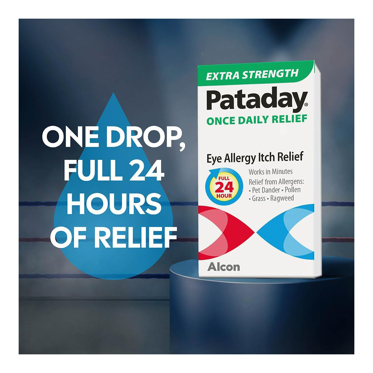 Box of Alcons Pataday Extra Strength 2.5 mL eye drops on a blurred blue background. Text: One drop, full 24 hours of relief. A 24-hour logo and eye allergy relief details appear on the box.