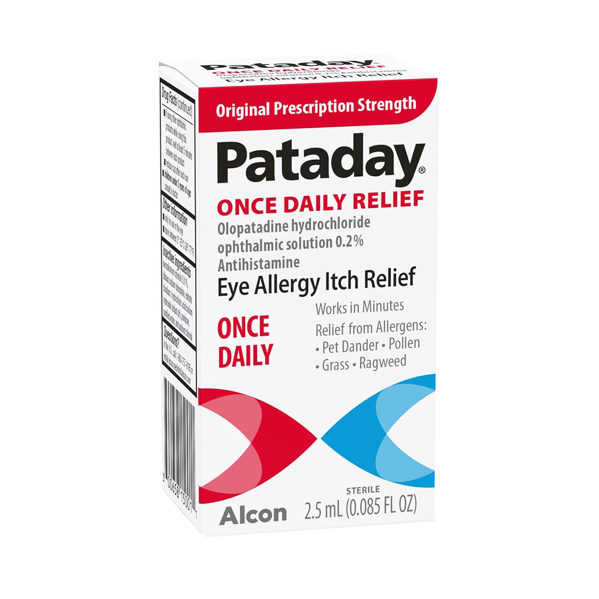 The image shows a box of Alcons Pataday Once Daily Relief Eye Drops, containing olopatadine hydrochloride 0.2%, which relieves eye itchiness from allergens like pet dander, pollen, grass, and ragweed. It is available in single and twin packs at original prescription strength.