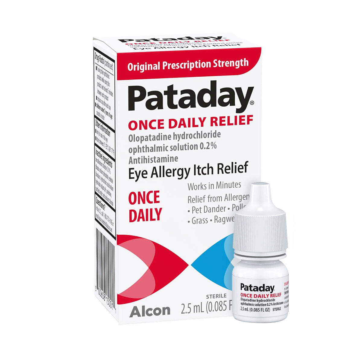 The image shows Alcons Pataday Once Daily Relief Eye Drops box and a 2.5 mL bottle. The box notes relief from allergy symptoms such as pollen and pet dander, while the red and white bottle is labeled with Olopatadine Hydrochloride.