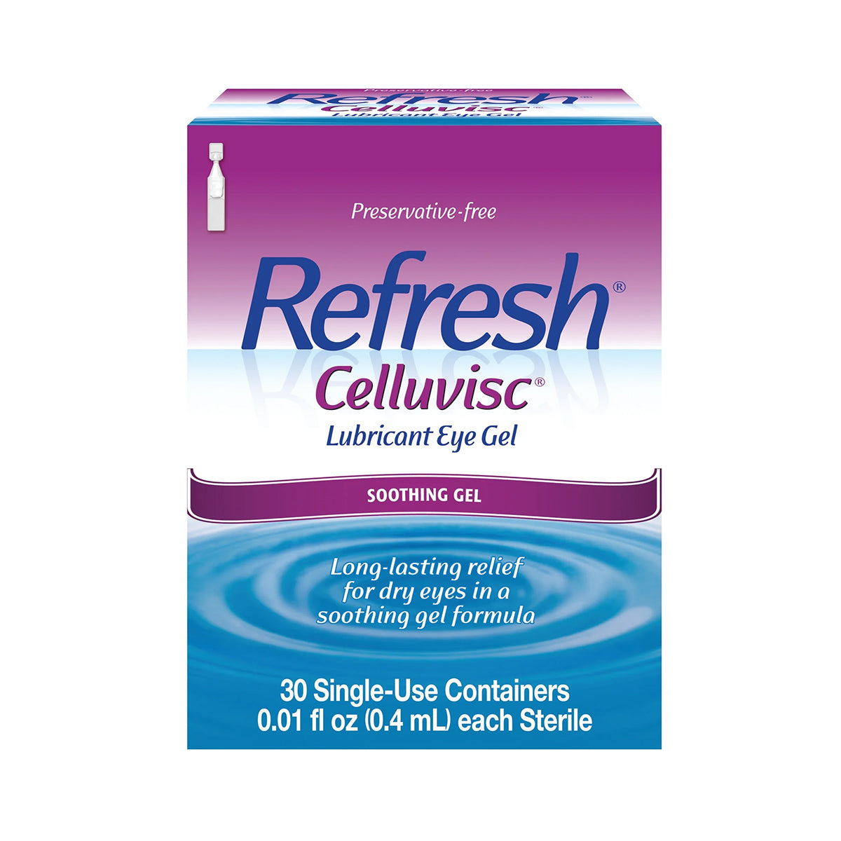 Refresh Celluvisc Lubricant Eye Drops by Abbvie, with a blue and purple gradient design, includes 30 preservative-free vials, each containing 0.01 fl oz. Ideal for lasting dry eye relief without preservatives.