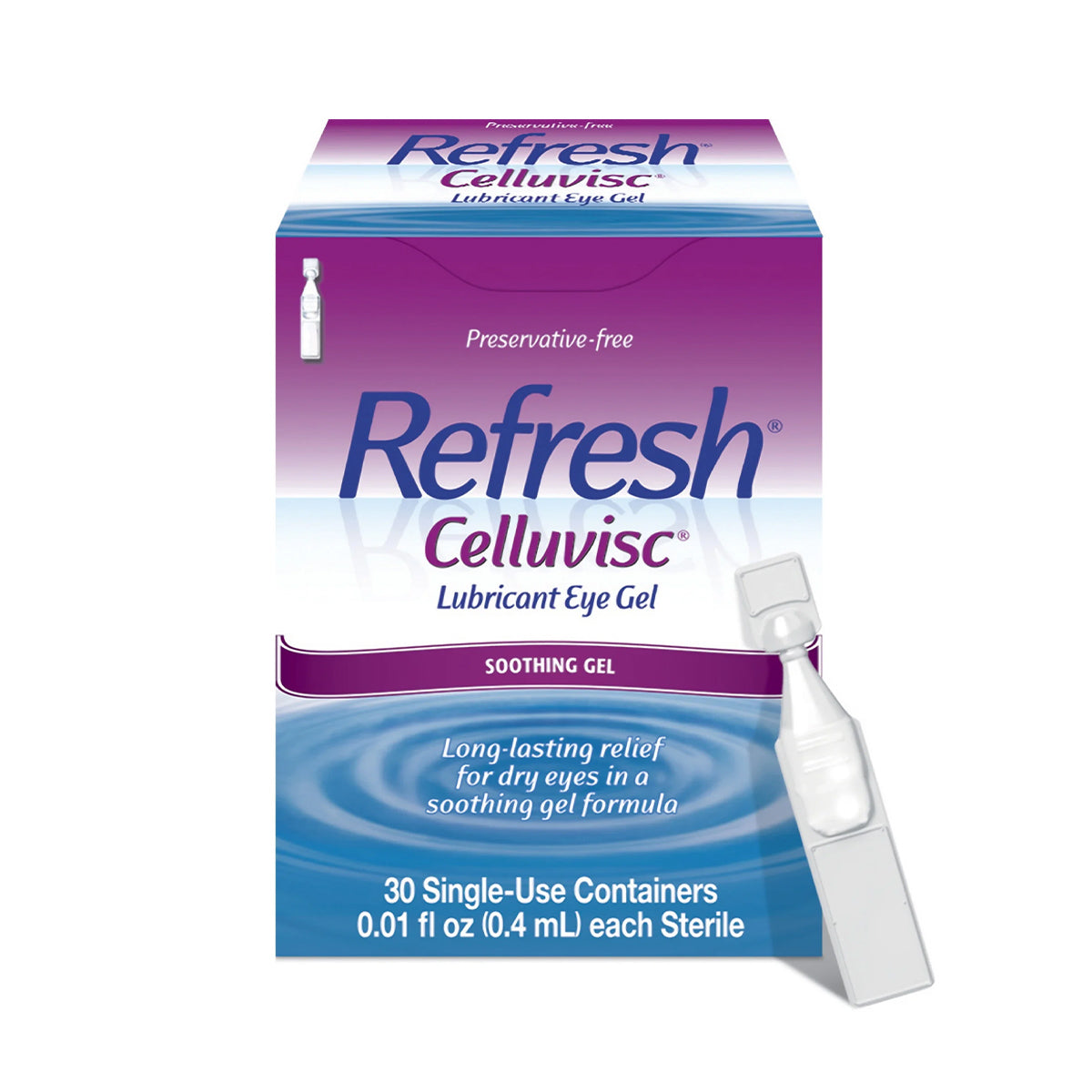 The image showcases Refresh Celluvisc Lubricant Eye Drops by Abbvie, designed for dry eyes. The purple and white packaging with a water ripple design highlights the preservative-free formula, offering long-lasting relief. An illustration shows the single-use container inside the box of 30 vials.