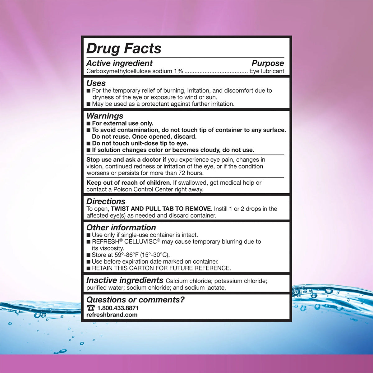 The Refresh Celluvisc Lubricant Eye Drops by Abbvie contain 1% carboxymethylcellulose sodium for dry eye relief, offering uses, warnings, directions, storage info, and an emergency contact. Packaged in 30 preservative-free vials with a purple and blue gradient background.