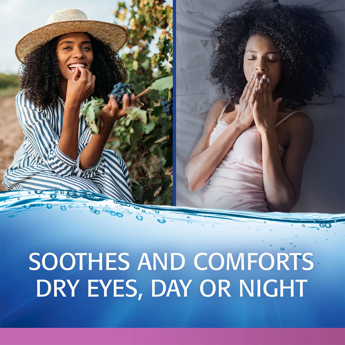 Split image: Left, woman in striped dress and straw hat enjoying berries. Right, same woman in bed relaxed. Text reads, Abbvies Refresh Celluvisc Lubricant Eye Drops soothe dry eyes with preservative-free relief for day or night use.