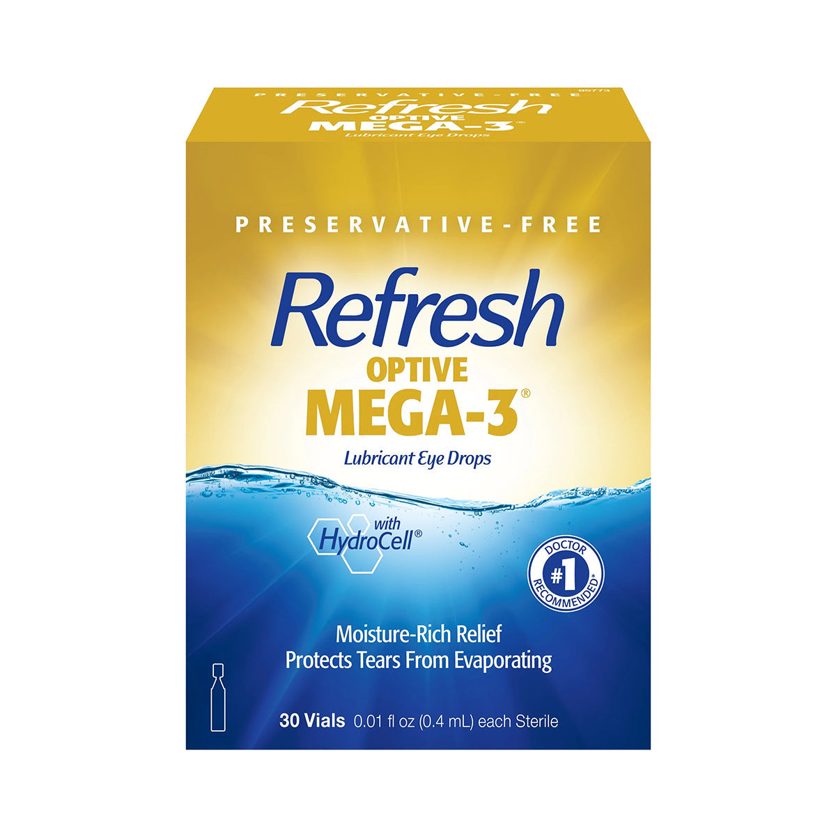 The Abbvie Refresh Optive MEGA-3 Lubricant Eye Drops come in a yellow and blue box, highlighting features like Lipid-Enhanced, Preservative-Free, and With HydroCell for moisturizing dry eyes, containing 30 single-use 0.4 mL vials.