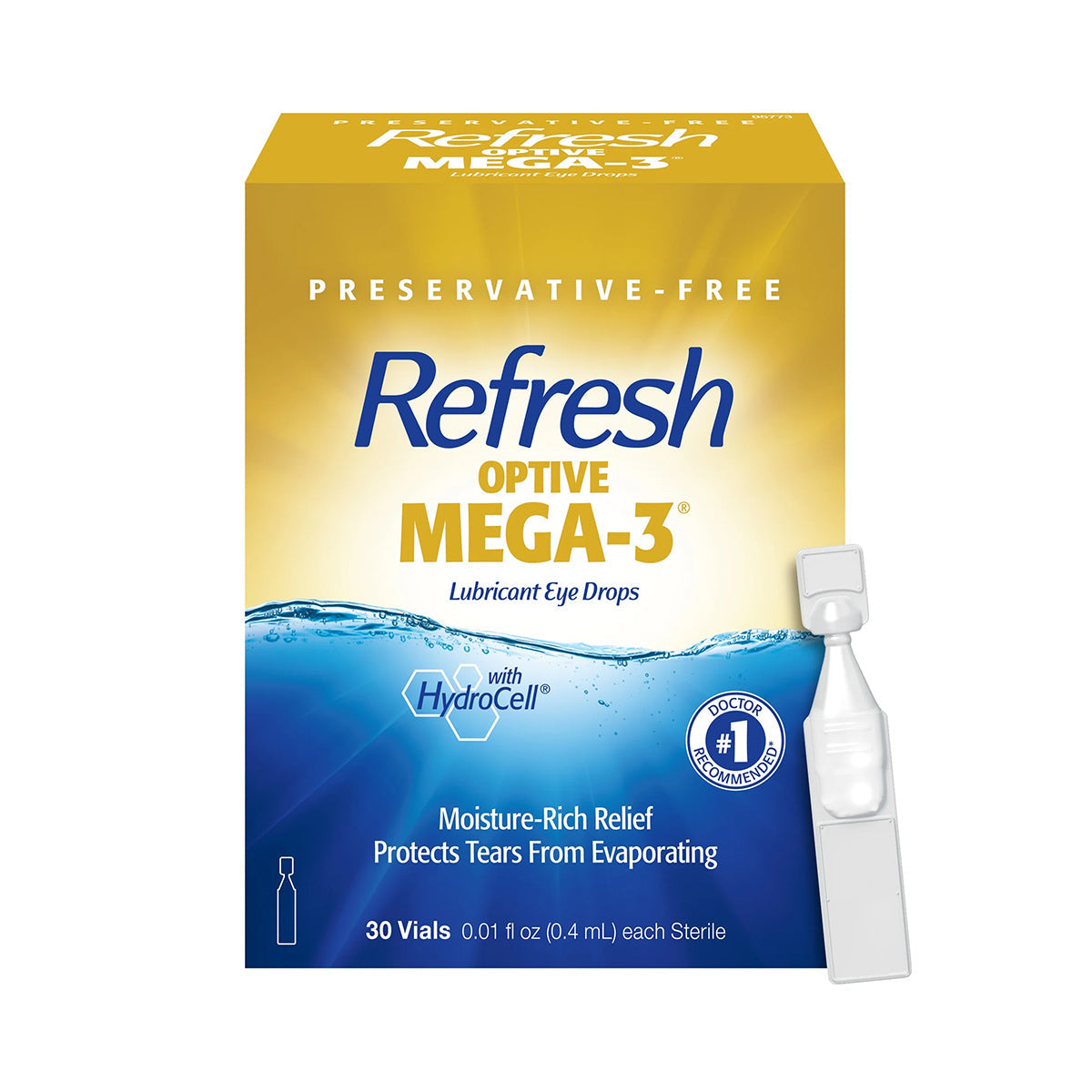 The yellow and white packaging of Abbvies Refresh Optive MEGA-3 Lubricant Eye Drops highlights Preservative-Free benefits. Using HydroCell technology, it provides lipid-enhanced, moisture-rich relief for dry eye and meibomian gland dysfunction, with 30 single-use 0.4 mL vials included.