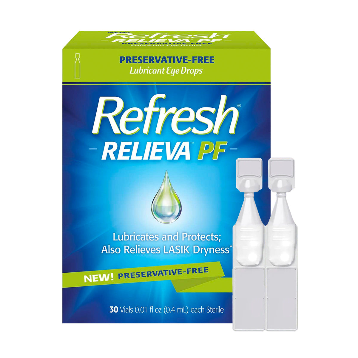 The Abbvie Refresh Relieva Preservative-Free Lubricant Eye Drops box highlights Preservative-Free with two vials alongside. It promises Lubricates and Protects; Also Relieves LASIK Dryness! Contains 30 single-use vials for optimal eye comfort.