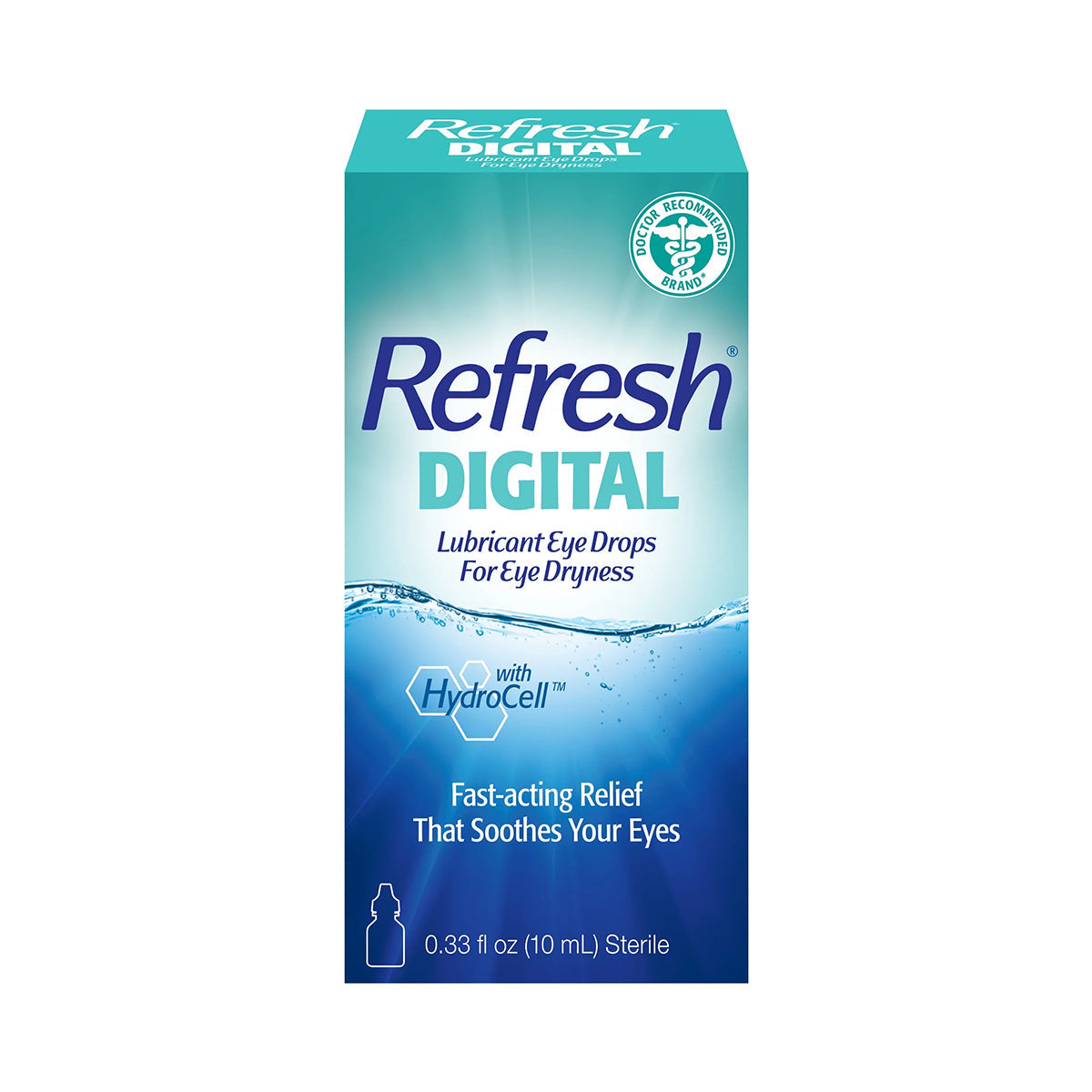 The teal box of Abbvies REFRESH® DIGITAL Lubricant Eye Drops (10mL) highlights fast-acting relief for digital eye strain and promotes Tear Film Health with HydroCell technology. Sterile, 0.33 fl oz.