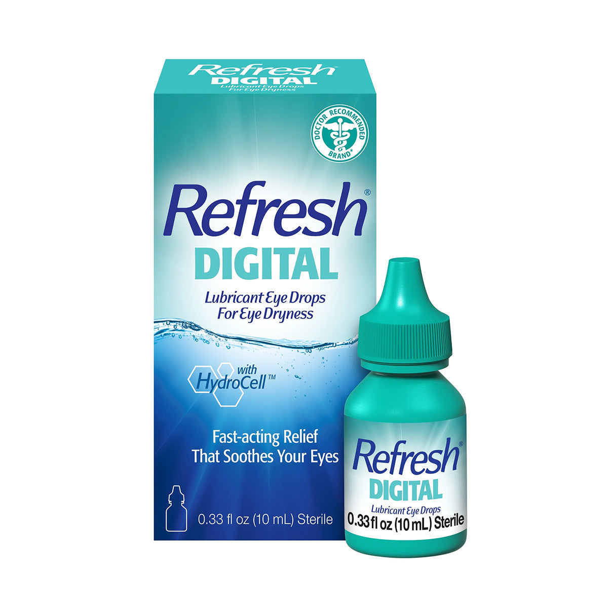 The image displays the packaging for REFRESH® DIGITAL Lubricant Eye Drops by Abbvie, a blue and green box labeled Lubricant Eye Drops For Eye Dryness with Fast-acting Relief That Soothes Your Eyes. A 10mL bottle is shown beside it, perfect for tear film health and digital eye strain relief.